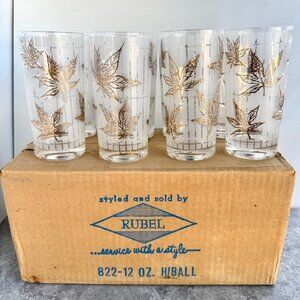 Vintage Fred Press Gold Maple Leaf Frosted Glasses Set Of 8 With Box NEW